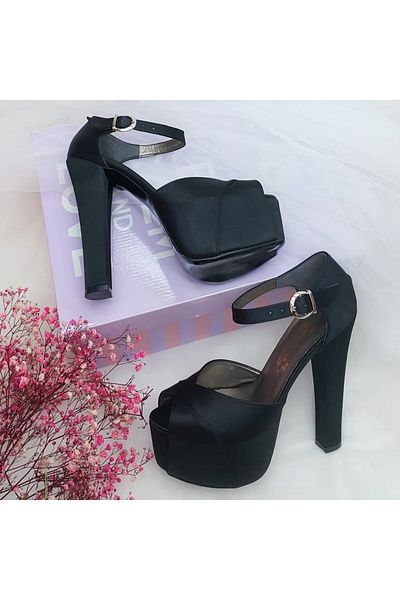 ASLIACAR 15 Cm High Heeled Black Satin Women's Evening Dress Shoes Aslı Acar