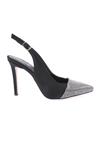 DGN Woman's pointed toe silver stone ankle strap evening shoes black scuba 16...