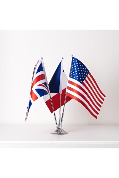 ZC Bayrak Abd-birleşik Krallık-fransa 3lü Masa Bayrağı Saten Kumaş Dijital Ba...