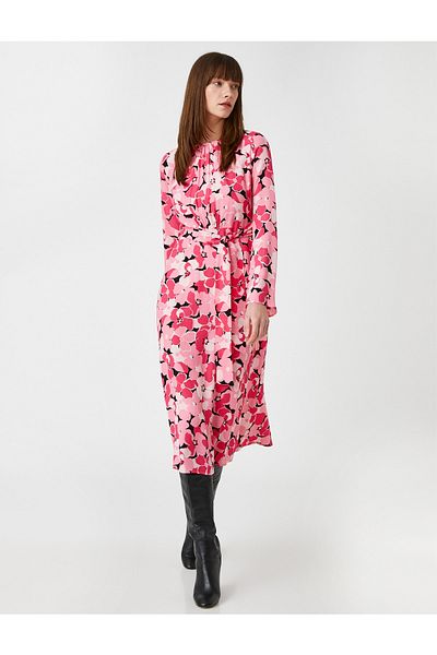 Koton Midi Dress Floral Long Sleeve Belted