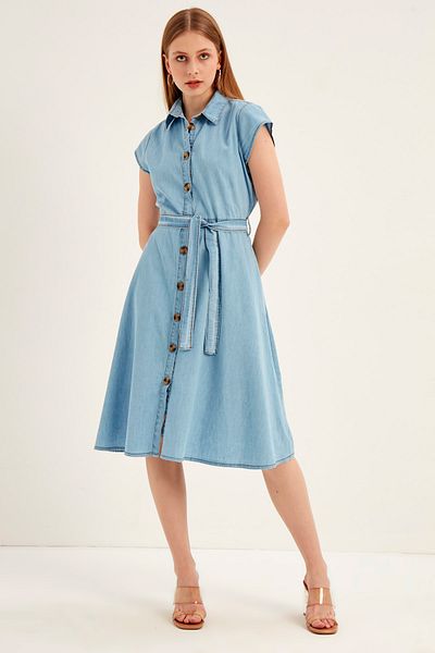 MEECY Rochie de damă, albastră, cu curea cu nasturi