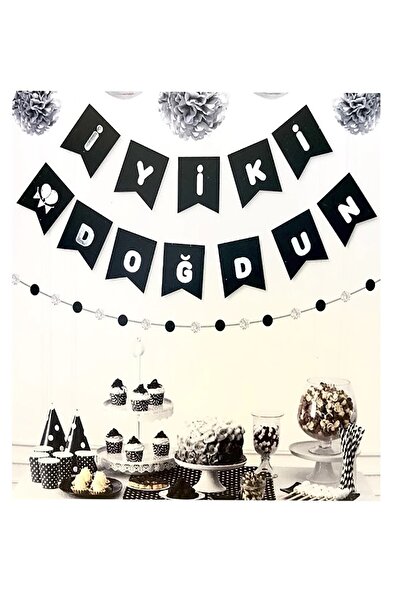 Parti dolabı Siyah-Gümüş Gri Yatay İyi Ki Doğdun Yetişkin Doğum Günü Parti