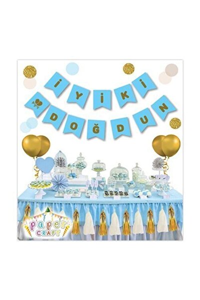Parti dolabı Gold on Blue Banner Birthday Decoration Happy Birthday Writing Pennant 2 meters
