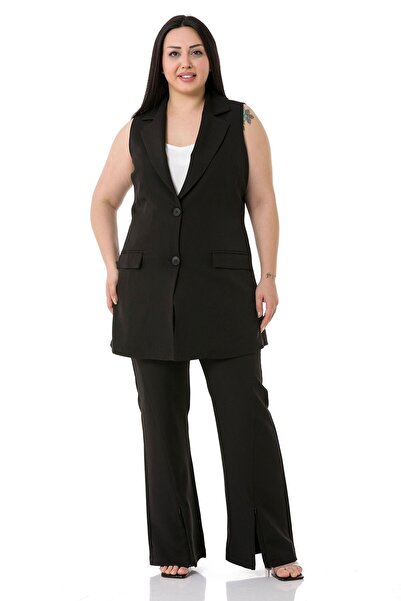 DISENTIS MODEST Μακρύ μαύρο γιλέκο μεγάλου μεγέθους με κουμπιά με επένδυση τσ...