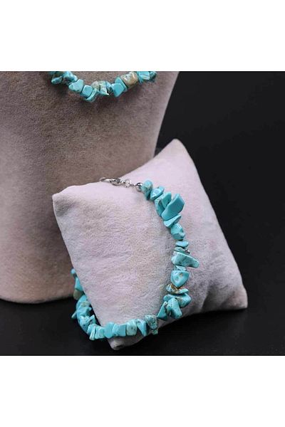 MYTAKIAĞACIMFH Turquoise (firuze) Stone Unshaped Broken Stone Necklace Bracelet Set (with Chain Extension)