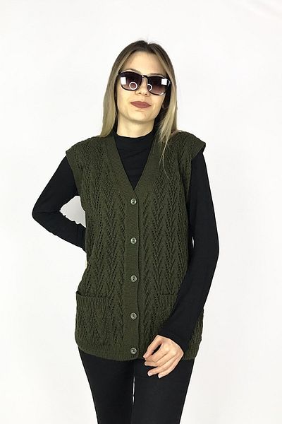 FOTİC Women's V-Neck Wool Knitwear Houndstooth Pocket Vest