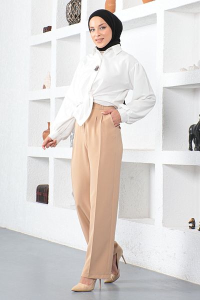 Modamihram Wide Leg Fabric Trousers Beige 6056
