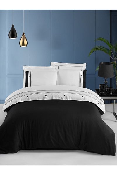 Silkarea Octavia 100% Cotton Satin Duvet Cover Set – with Elastic Sheet, King Size Xl, Black-White