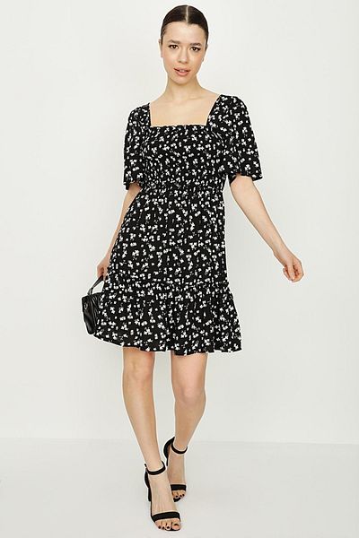 Select Moda Γυναικείο φόρεμα με μαύρο φλοράλ σχέδιο πεντάγωνο γιακά με λεπτομέρεια στην πλάτη