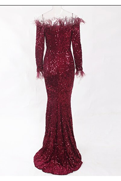 SELİN MODA EVİ Trend Feather Detailed Flitrové Sametové šaty s dlouhým rukávem