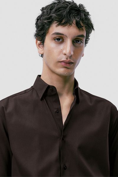 alenmeza Men's Dark Brown 100% Cotton Satin Non-iron Ironing Casual Pocketless Modern Fit Shirt