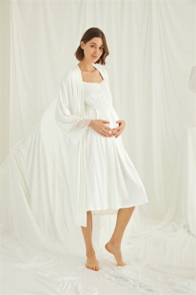 lohusahamile Set cămașă de noapte de maternitate din dantelă ecru Monamise 18202