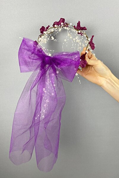Bride Aksesuar Dünyası Nedime Tacı Mor Uzun Fiyonklu Ortanca Çiçekli Özel Tas...