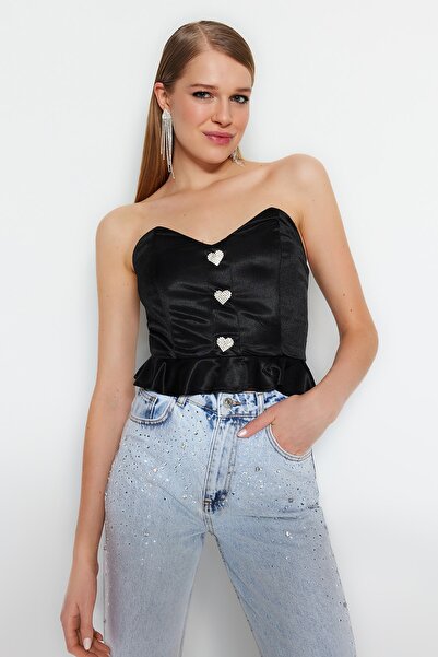 Trendyol Collection Black Crop Lined Knitted Accessories Flounce Satin Blouse TPRSS23BZ00065