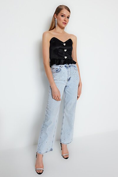 Trendyol Collection Black Crop Lined Knitted Accessories Flounce Satin Blouse TPRSS23BZ00065