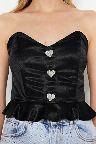 Trendyol Collection Black Crop Lined Knitted Accessories Flounce Satin Blouse TPRSS23BZ00065