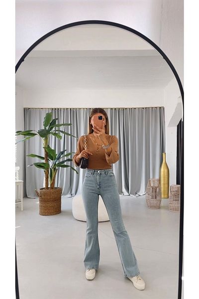 LİMABEL Arya Spanish Spaghetti Jeans Colorfast Blue Snow Wash Spanish Jeans High Waist Jeans