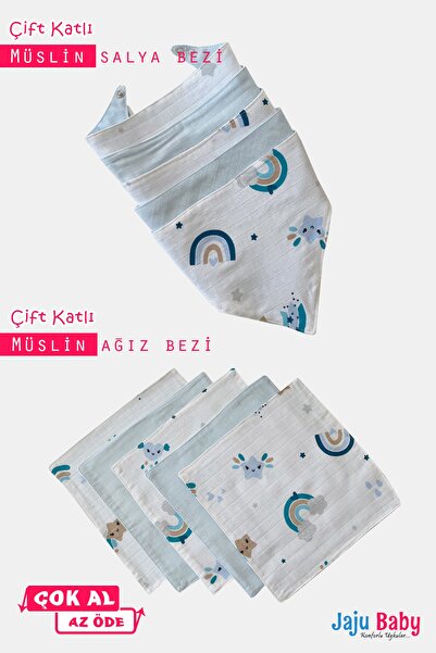 Jaju Baby Organik Pamuk Çift Katlı Müslin Salya Bezi, Ağız Bezi, Sırt Bezi Ve...