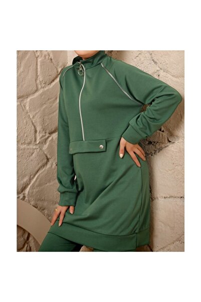 Genel Markalar Kadın Mevsimlik Yakası Fermuarlı Dalgıç Kumaş Eşofman Takımı Yeşil