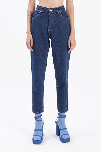 TRENDNATUREL Sista Dark Blue Colorfast Lycra High Waist Smooth Mom Jean Trousers