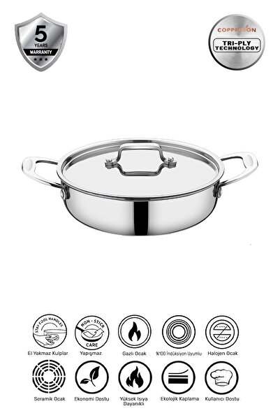 Copperson 26cm Bakır Sap İşlemeli İnox Basık Tencere