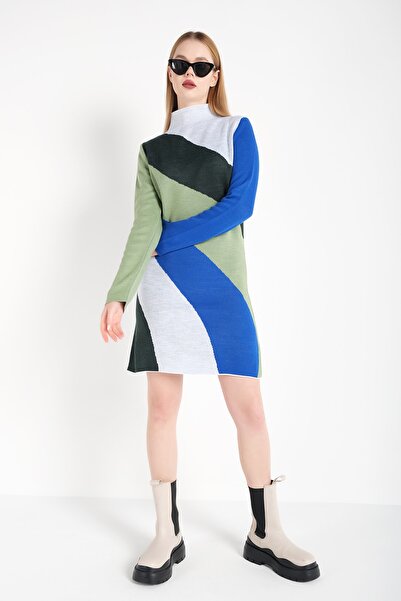 nosia fashion Gökkuşağı Desenli Süper Mini Triko Elbise