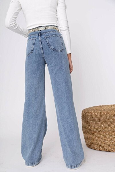 Livik Women's Lady Blue Lycra Wide Leg Jean - Loose Denim Trousers