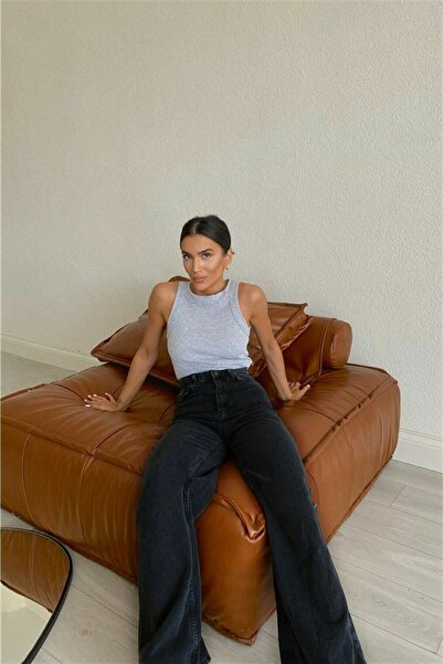 Livik Women's Lida Solmaz Black Lycra Wide Leg Jean - Loose Denim Trousers