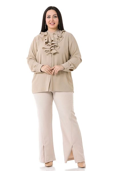 DISENTIS MODEST Μπεζ Πουκάμισο Plus Size - Φουντωτό γιακά και μακριά μανίκια