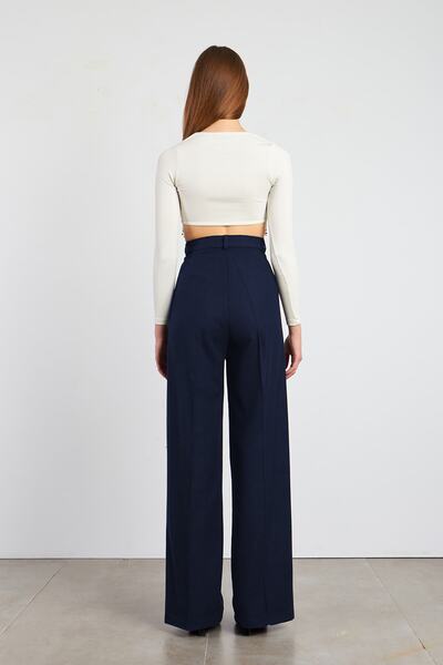 Ortaya Çık Navy Blue Stash Fabric Pleated Palazzo Trousers