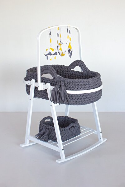 Babycom Beyaz Izgaralı Ahşap Çemberli Beşik Standı + Koyu Gri Örgü Sepet + Ku...