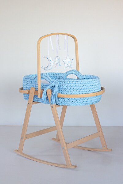 Babycom Naturel Ahşap Çemberli Beşik Standı + Mavi Örgü Sepet + Kumaş Oyuncak