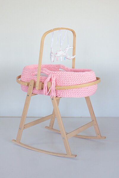 Babycom Naturel Ahşap Çemberli Beşik Standı + Pembe Örgü Sepet + Kumaş Oyuncak