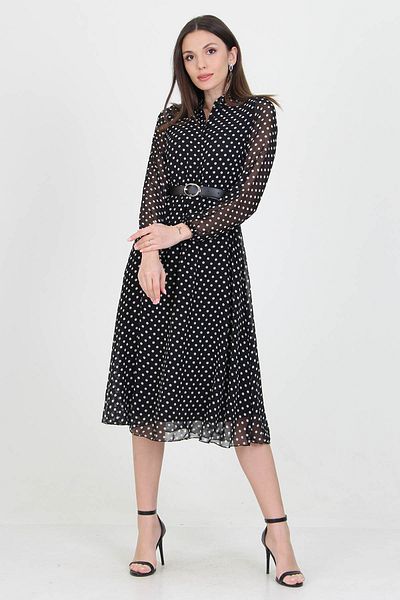 Neşeli Butik Rochie de damă din șifon cu buline și guler de cămașă cu curea și nasturi Rssn01