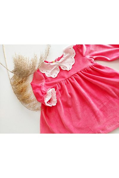 eladamoda Scallop Collar Sleeve Scallop Detail Salmon Color Velvet Girl's Dress