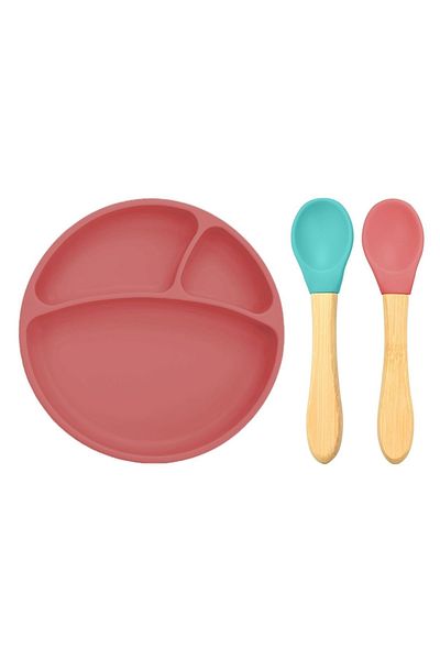 OiOi Claret Red Nutrition Set - Silicone Plate and Bamboo Handle Spoon Set of 2