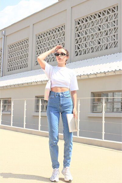 Trn JNS Liteon Відкриті блакитні джинси Mom з м'яким лікрам і високою талією