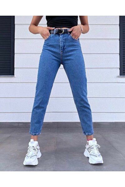 Trn JNS Liteon Medium Blue Snow Mom Jeans Soft Lycra High Waist Denim Trousers