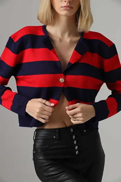 winter club Women's Crew Neck Red Navy Blue Striped Crop Cardigan
