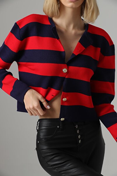 winter club Women's Crew Neck Red Navy Blue Striped Crop Cardigan