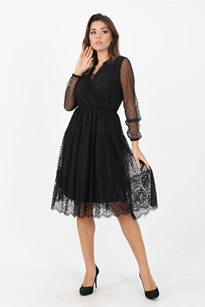 Neşeli Butik Γυναικεία μαύρη τούλινη φούστα με διπλό γιακά με δαντέλα Λεπτομερή φόρεμα νέας σεζόν Apcx39