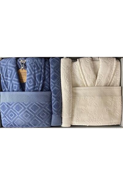 Özdilek طقم روب حمام عائلي - كريمي رعوي وأرجواني