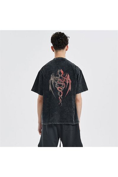 Touz Twin Dragon Back Printed Unisex Vintage T-shirt