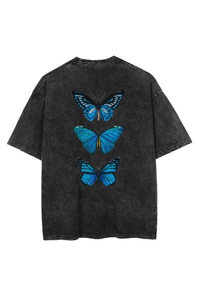 Touz Triple Blue Butterfly Back Printed Unisex Vintage T-shirt