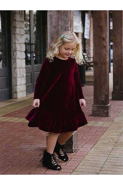 ASIA GİYİM Girl's Christmas - New Year's Burgundy Ruffle Velvet Dress