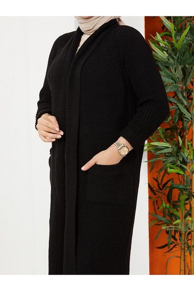 Pamuk Butik Γυναικεία χειμερινή μαύρη μακριά ζακέτα με τσέπες