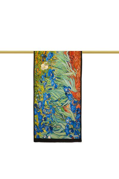 Bursa İpek Green Irises Silk Painting Scarf