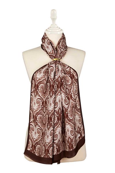 Bursa İpek Bitter Brown Damask Pattern Silk Scarf