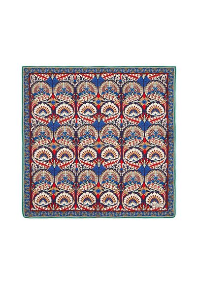 Bursa İpek Navy Blue Red Peacock Pattern Silk Handkerchief