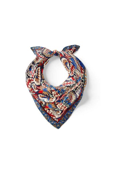 Bursa İpek Navy Blue Red Peacock Pattern Silk Handkerchief